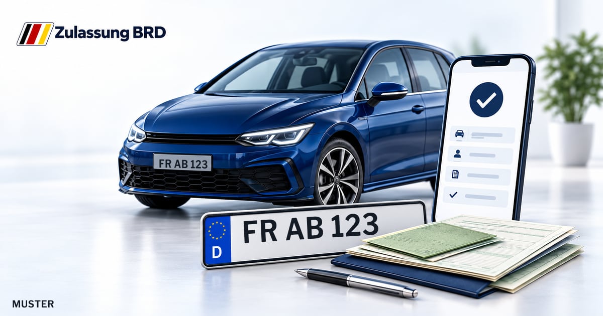 Online Fahrzeugzulassung in Freiburg: Musterkennzeichen FR AB 123, Auto und Fahrzeugpapiere und Smartphone. Illustration mit Logo von Zulassung BRD.